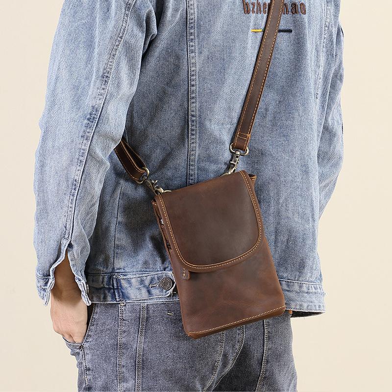 Cowhide Crossbody Bag, Leather Phone Waist Bag, Belt Bag, Portable and Lightweight Top Layer Cowhide Flip Bag