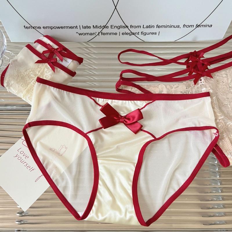Female Sexy Red Underwear with Low Waist Briefs Hollow Thin Design Pure Cotton Crotch Women's Triangle Panties