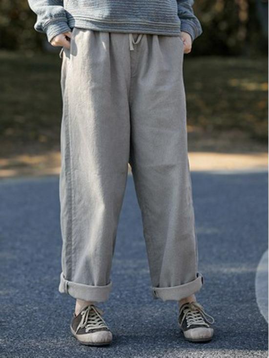 Women's Retro Gray Cotton Elastic Waist Casual Pants