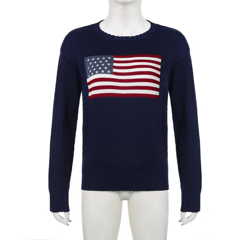 Women's Long Sleeve Retro Flag Knit Sweater - European & American Style