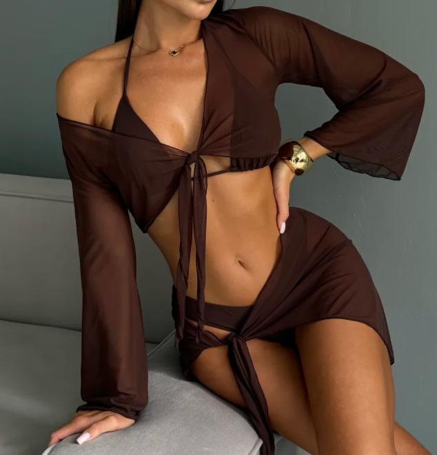 Ins Style Sexy Bikini Three-piece Women's Beach Vacation Lace-up Blouse High Waist Split Swimsuit Women