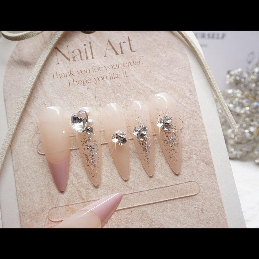 French Princess Pink Rhinestone False Nails - Light Luxury Handmade Nail Art Tips