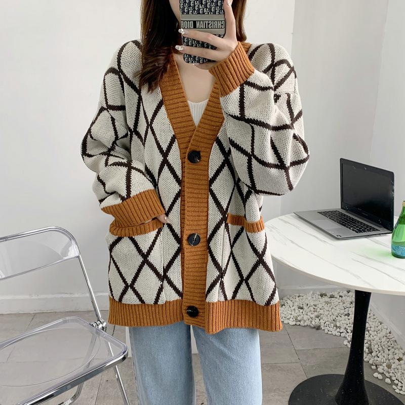 Real shot elegant temperament loose Korean version retro grid knitted cardigan small fresh age-reducing sweater jacket women's top