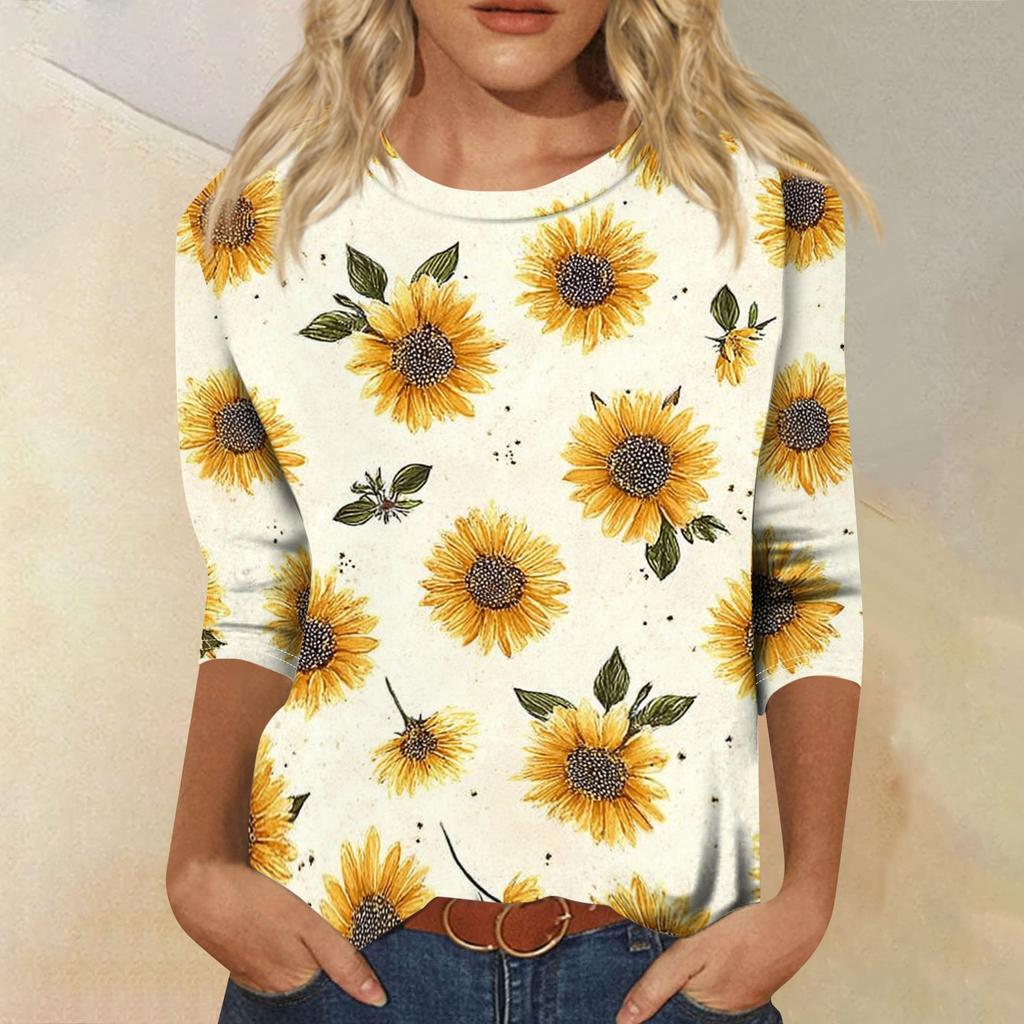 Women's Fashionable Casual Round Neck Three-Quarter Sleeve Printed T-Shirt Top