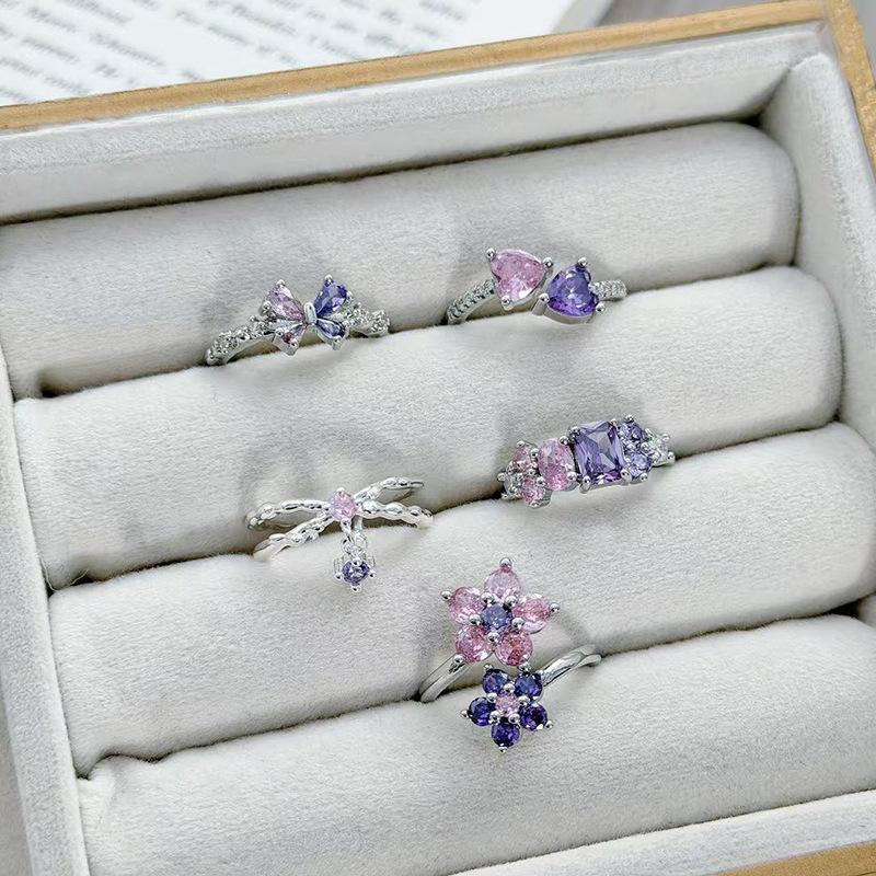 Super Immortal Purple Pink Diamond Sweet Cool Flower Opening Ring Jane Girl Niche Light Luxury Advanced Sense Stacking Wear Index Finger Ring