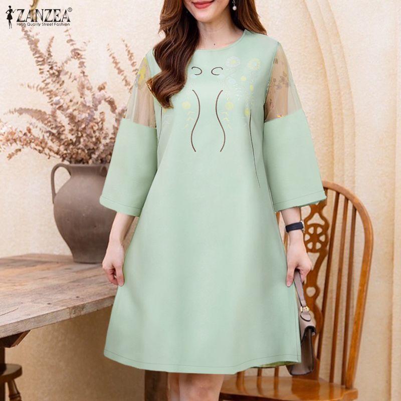 ZANZEA Damen Freizeit Rundhals 3/4 Ärmel Lockeres Printkleid