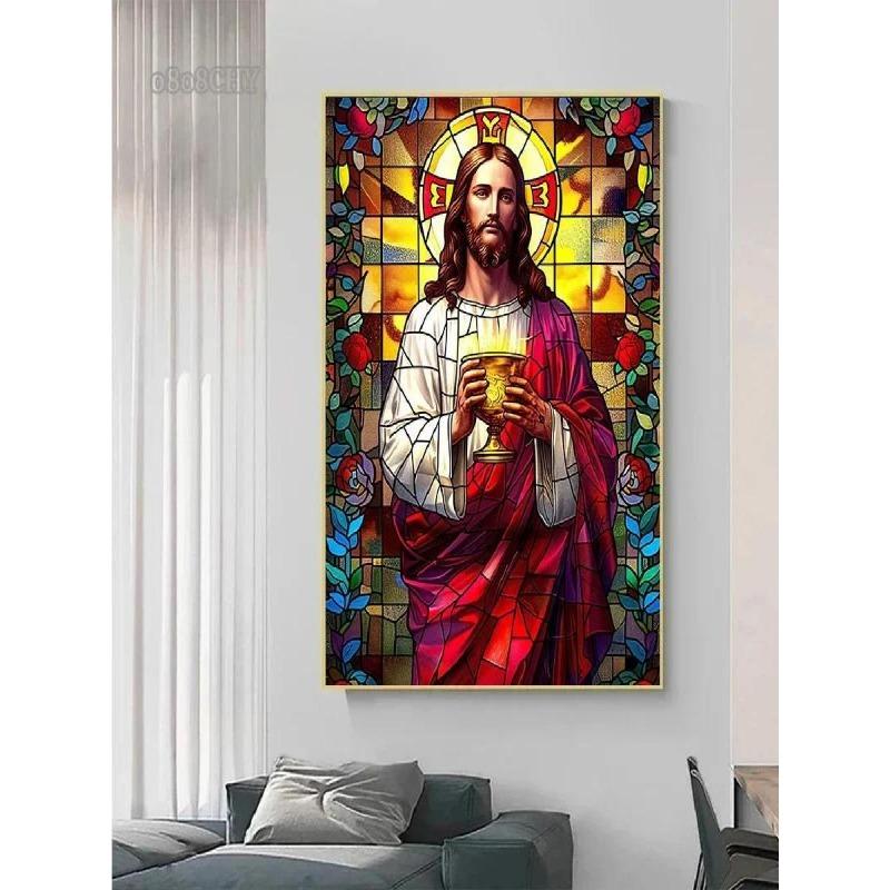 Jesus Christ Stained Glass Canvas Prints  Religious Abstract Pop Art Mosaic Wall Decor for Home Spiritual Portrait Poster for Li