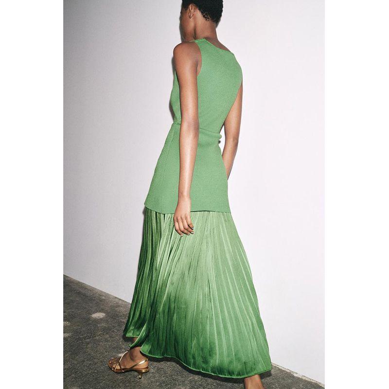 Summer New Product Women's Clothes Silk Satin Texture Knitting Small Pleated Patchwork Sleeveless Dress 4192055