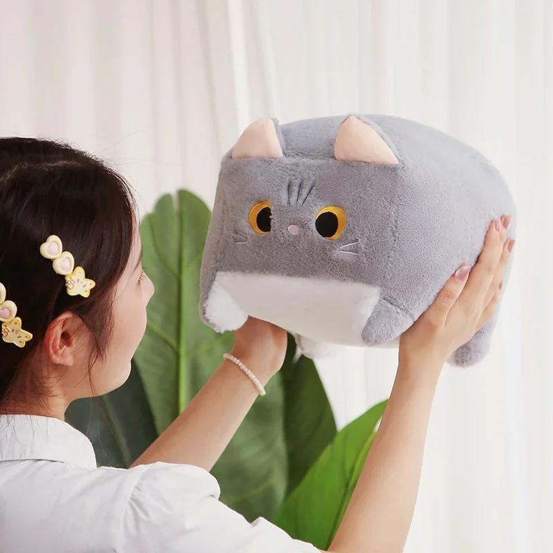Lovely Square Cat Plush Toy Fluffy Black Cat Pillow Stuffed Little Kitten Animal Plush Doll Kawaii Home Decoration Birthday Gift