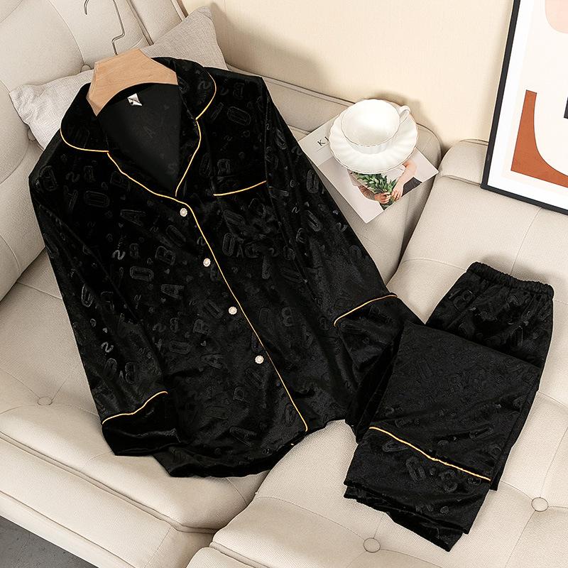 Pajamas for Women Velvet 2PCS Set Full Sleeve Shirt Pant Spring Autumn Letter Sleepwear Loose Nightwear Velour Sleep Set