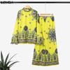 VONDA 2PCS Women Ethnic Long Sleeve Print Blouse and Pants Casual Two Piece Suit Sets