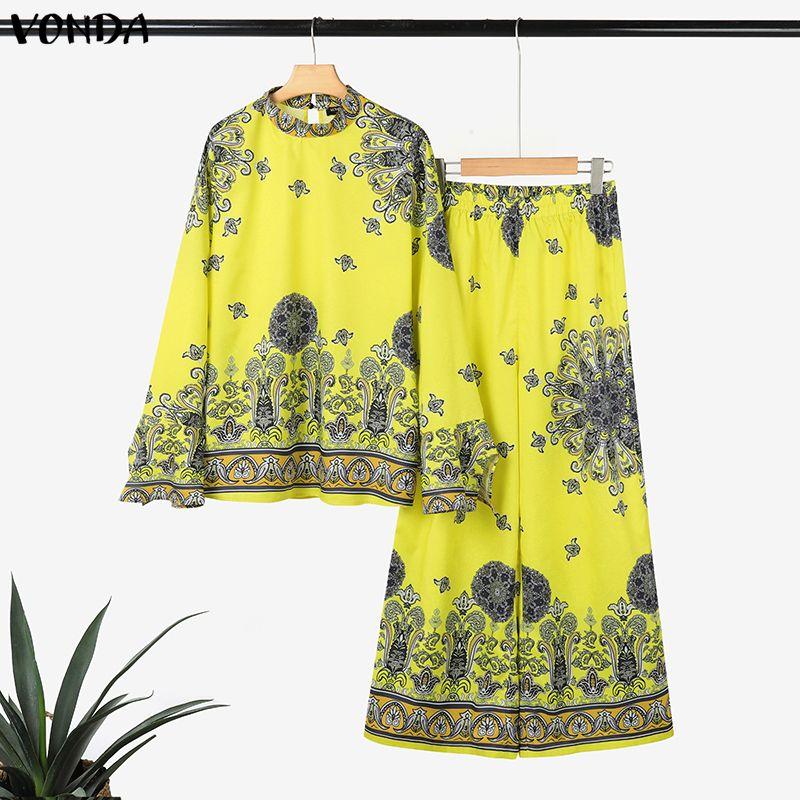 VONDA 2PCS Women Ethnic Long Sleeve Print Blouse and Pants Casual Two Piece Suit Sets
