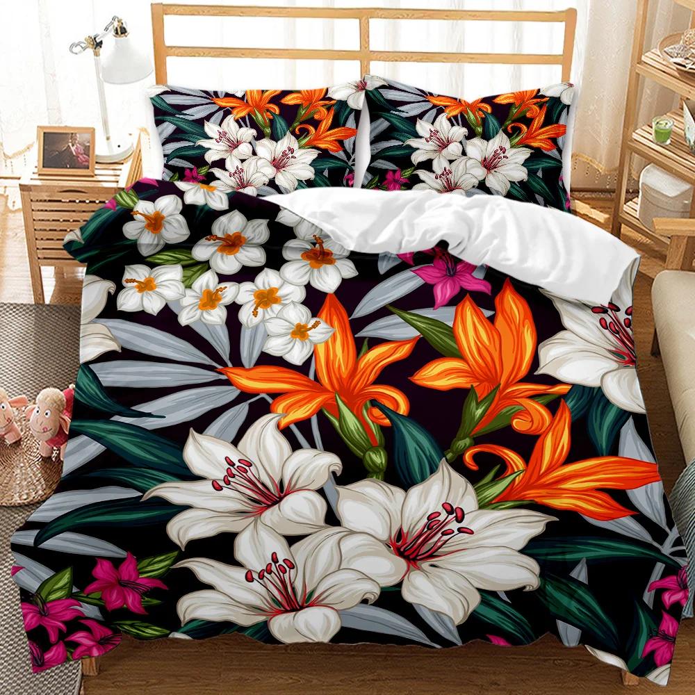 Flower Duvet Cover Set Colorful Flower Fresh Garden Botanical Twin Comforter Cover Women Flower Polyester Bedding Set Queen King