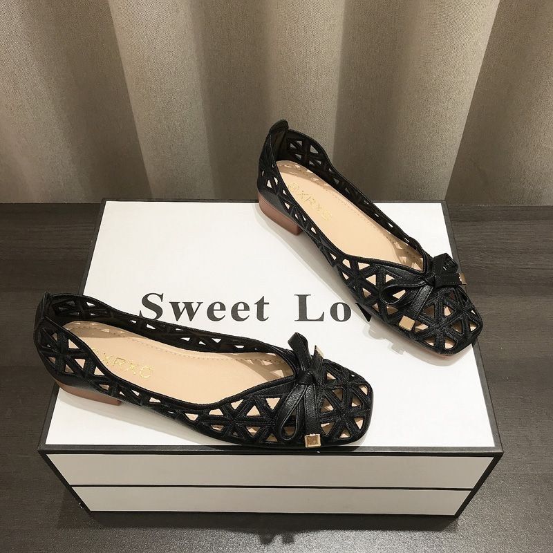 Square Toe Shallow Mouth Flats Woman Bowtie Cut-outs Shoes for 2025 New Summer Slip-on Ballet Flats Women's Emboridery Loafers