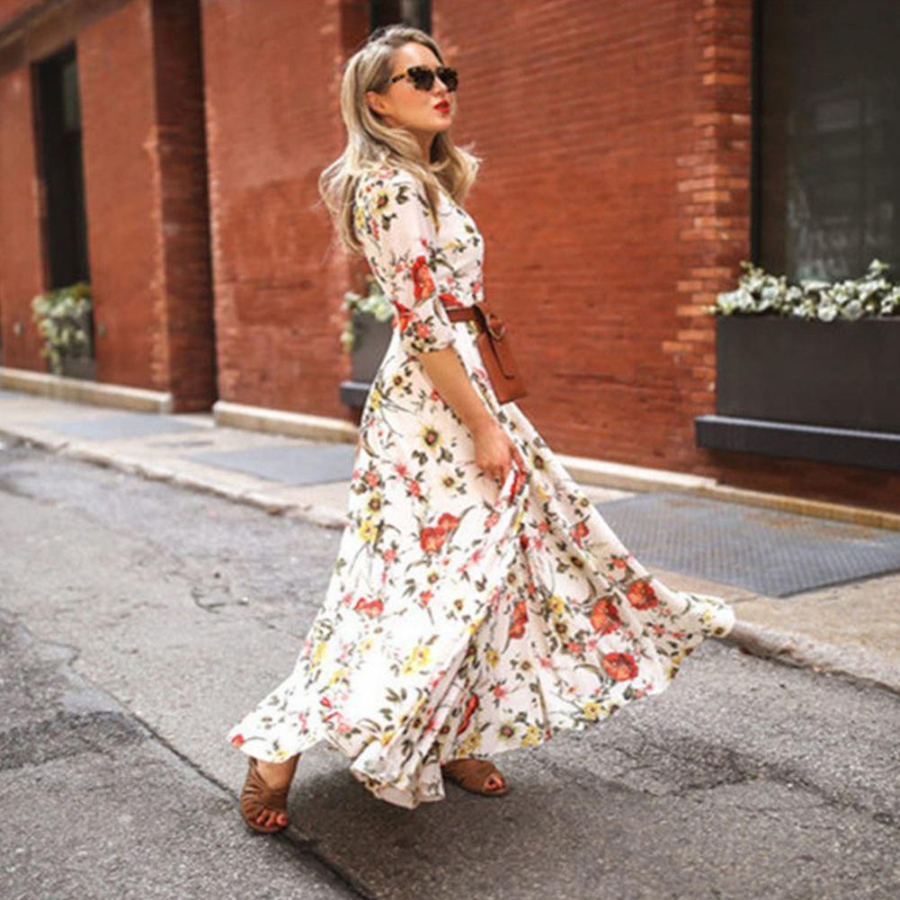 Abito stampato aderente, elegante abito lungo floreale per donna, silhouette a trapezio, design a vita alta, dettaglio mezza manica per primavera estate
