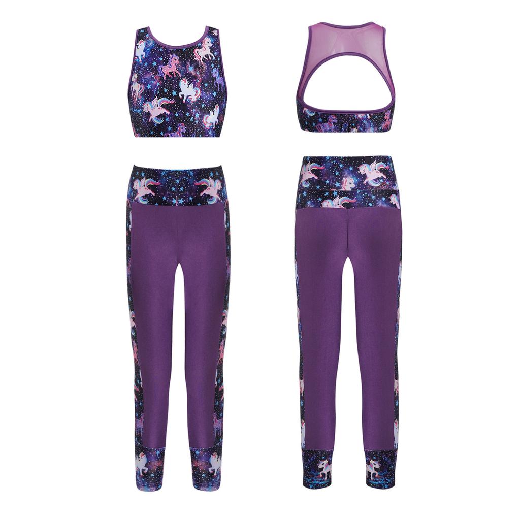 2Pcs Elastic Waistband Long Leggings Pants + Sleeveless Mesh Racer Back Tanks Tops Digital Print Gym Dancewear Outfit