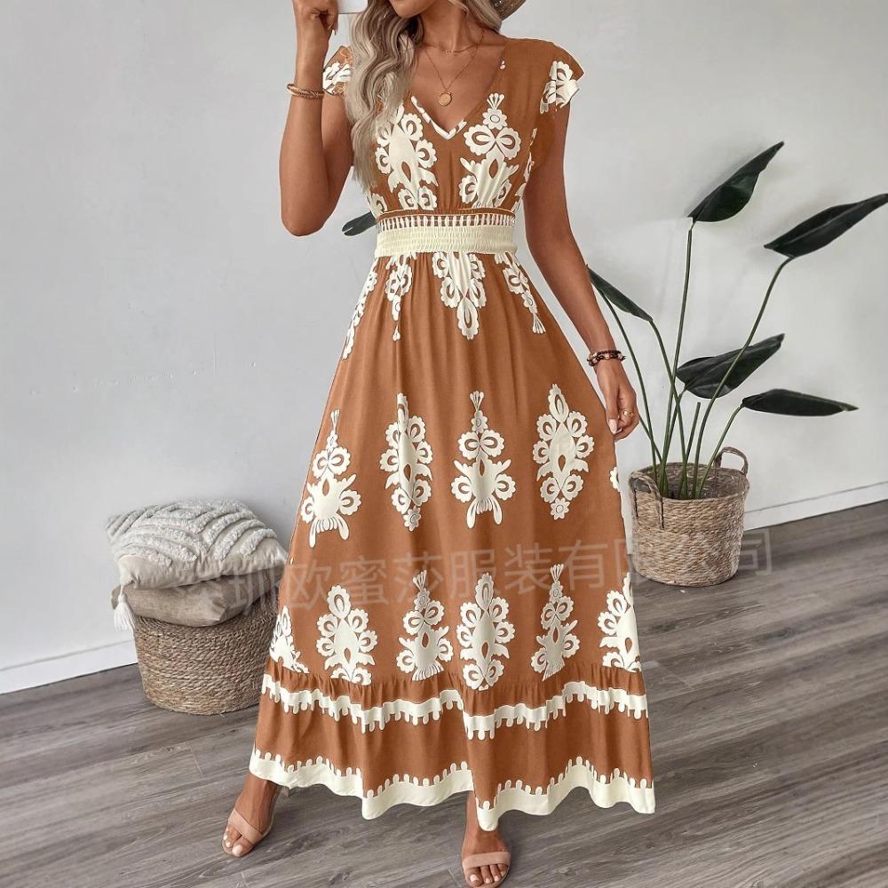 Women's V Neck Short Sleeve Elastic Waist Floral Print Ruffle Hem Maxi Dress Boho Beach Vacation Casual Flowy Sundress