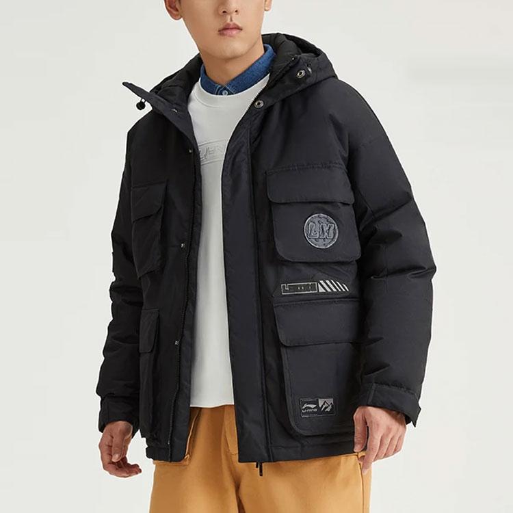 Li Ning Sports Trend Series Multi Pocket Warm Hooded Down Jacket Winter Men Jacket Black AYMS265-1