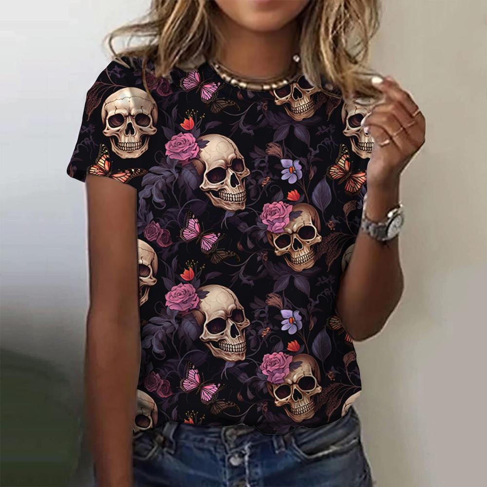 

Women s 3D skull print retro T-shirt, round neck short sleeved T-shirt, Harajuku Y2K large T-shirt, women s clothing 6XL