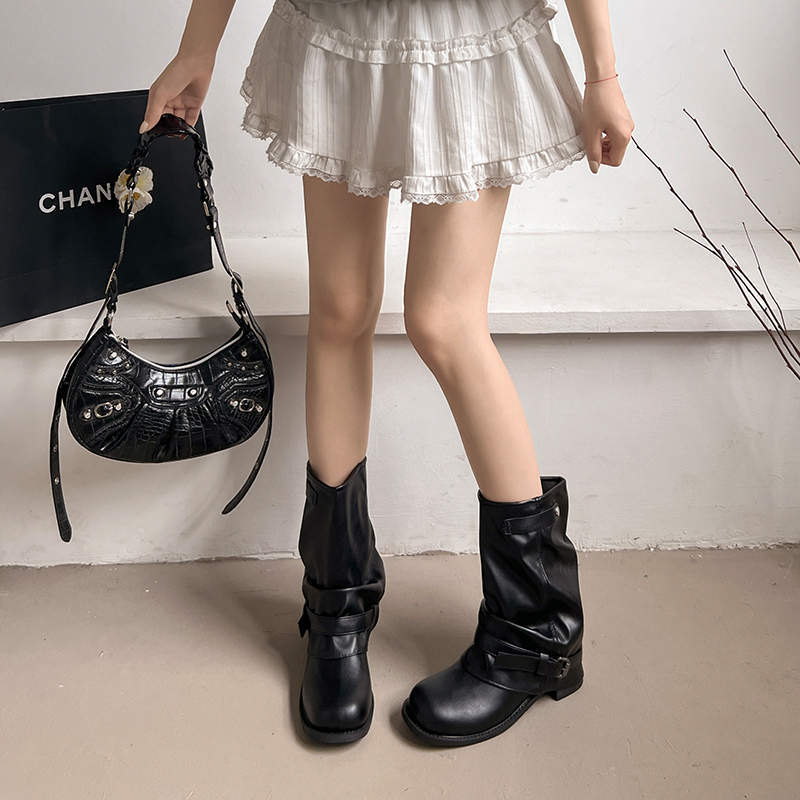 Western Jeans Tube Boots Women's Pleated Pile Black Wipe Round Head Vintage Thick Heel Knight Martin Boots Women's