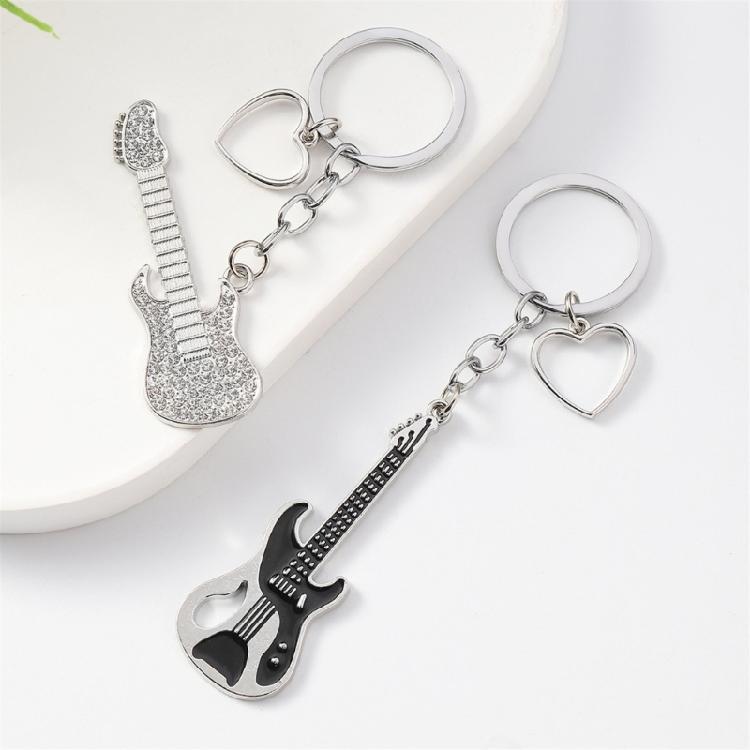Guitar Pendant Keychain with Shimmering Stones Metal Keyring Sweet Cool Girls Key Chain Lightweight Jewelry for Bag