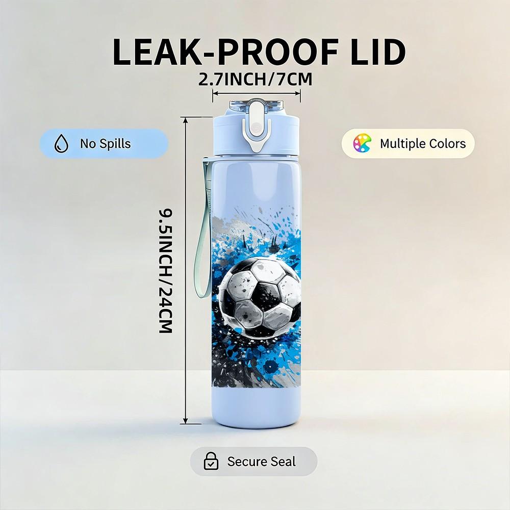 1PC Blue Splash Soccer Ball Art Print 750ml Color Plastic Sports Water Bottle Leakproof Flip Straw Lid Suitable for Sports Office Home Use