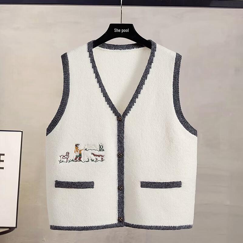 

Women s Knitted Vest with Color-Block Shell Embroidery One Size