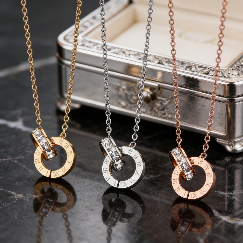 Korean Style Rhinestone Titanium Necklace & Double Ring Jewelry Set