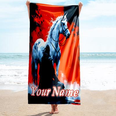 1PC Custom Name Rider White Horse Beach Towel Highly Absorbent And Sand-Resistant Towel for Swimming, Pool, Yoga, And Travel Lightweight