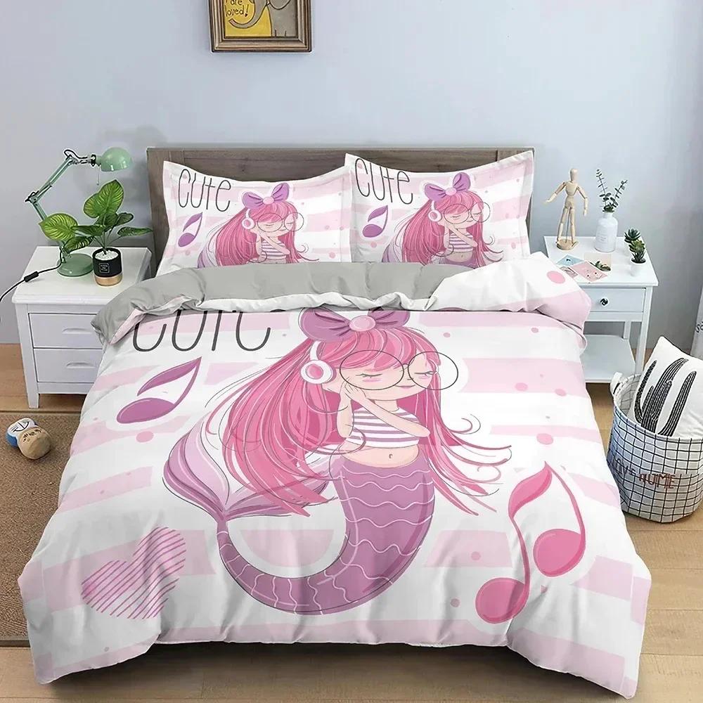 Cartoon Mermaid Pattern Duvet Cover Set Children Bedroom Decor Mermaid Bedding Set For Kids Single Twin Double Size Kids Gifts