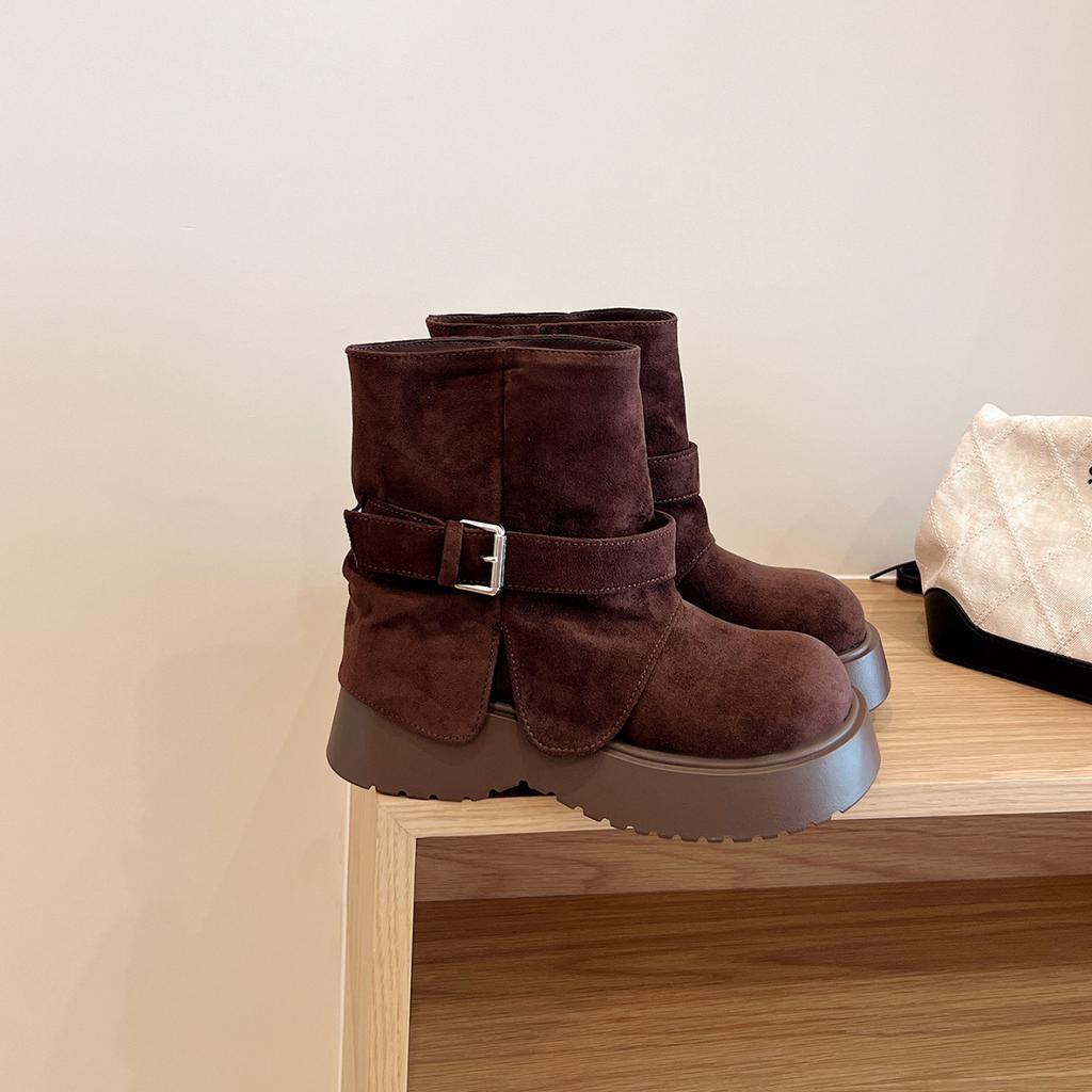 Cowhide version~ autumn and winter new short boots women's thick-soled high-heeled sweet and cool hot girls small trousers Martin boots medium boots