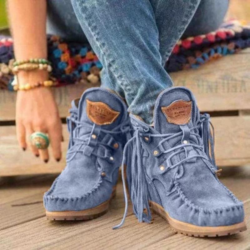 Women's Winter Thick-Soled Fringe Lace-Up Short Boots.