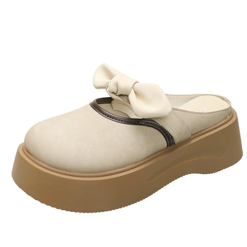 

Mary Jane bow new one-pedal bag head half slippers women s French 2025 thick-soled outer wear sandals spring and summer 35 бежевый