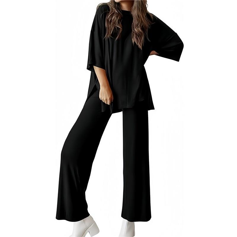 Women's 2 Piece Outfit Oversized Half Sleeve Top Wide Leg Pants Set Casual Loungewear