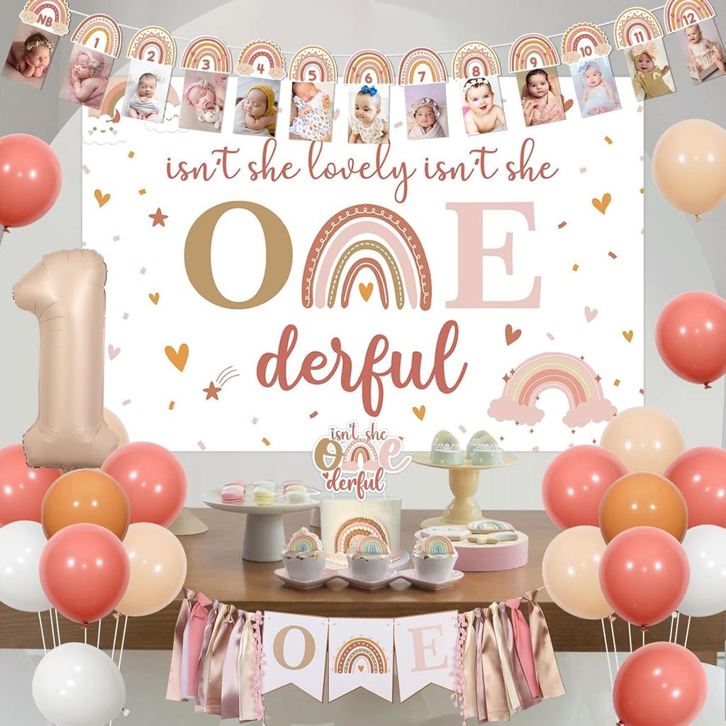 Boho Rainbow 1st Birthday Decorations for Girl, Isn’t She Lovely Isn't She Onederful Backdrop Cake Topper Apricot Pink Balloon Garland Arch Kit