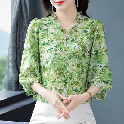 Été Nouveau Col en V Bord Oreille de Bois Chemise de Fond Manches 3/4 Blouse en Mousseline Mode Femme Haut Réducteur d'Âge M-4XL