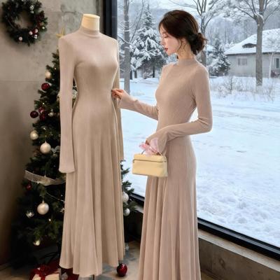 Women's Slim-Fit A-Line Knit Dress with Long-Sleeved Base Layer and Skirt - Fall/Winter 2025