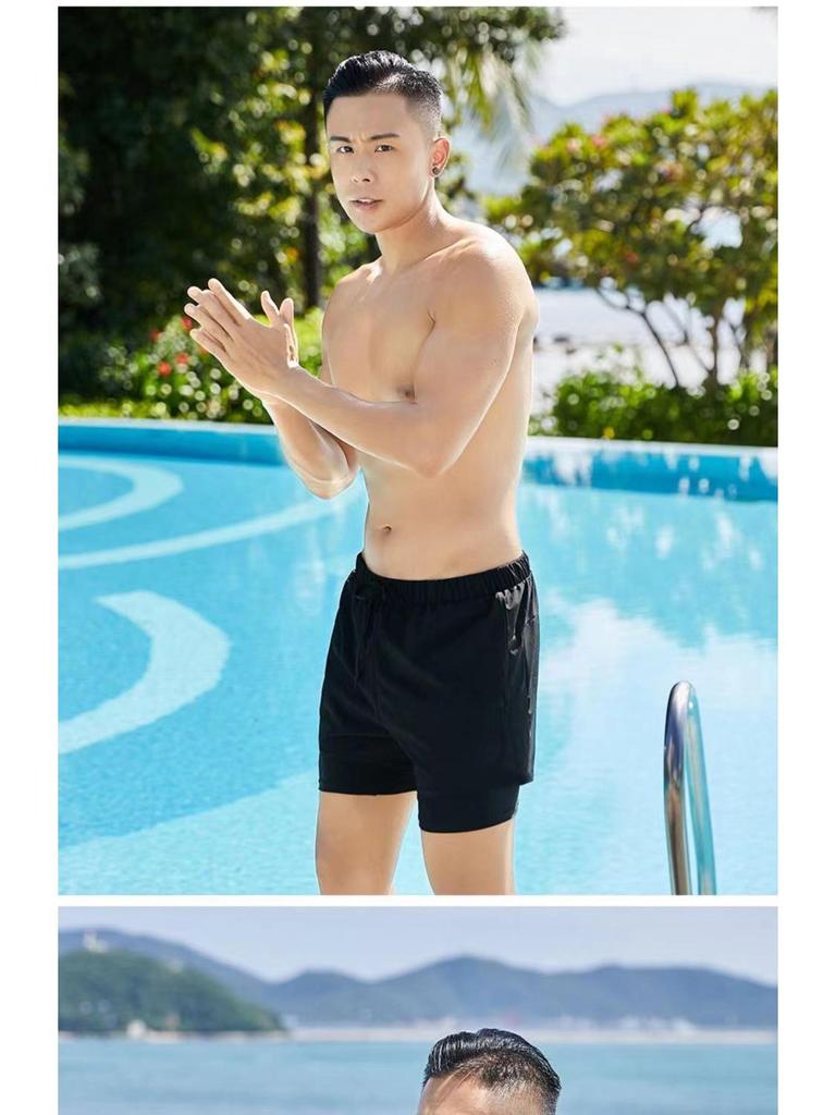 Men's Quick-Drying Double-Layer Printed Swim Trunks - Large, Loose Fit, Anti-Embarrassment, Professional Swimsuit