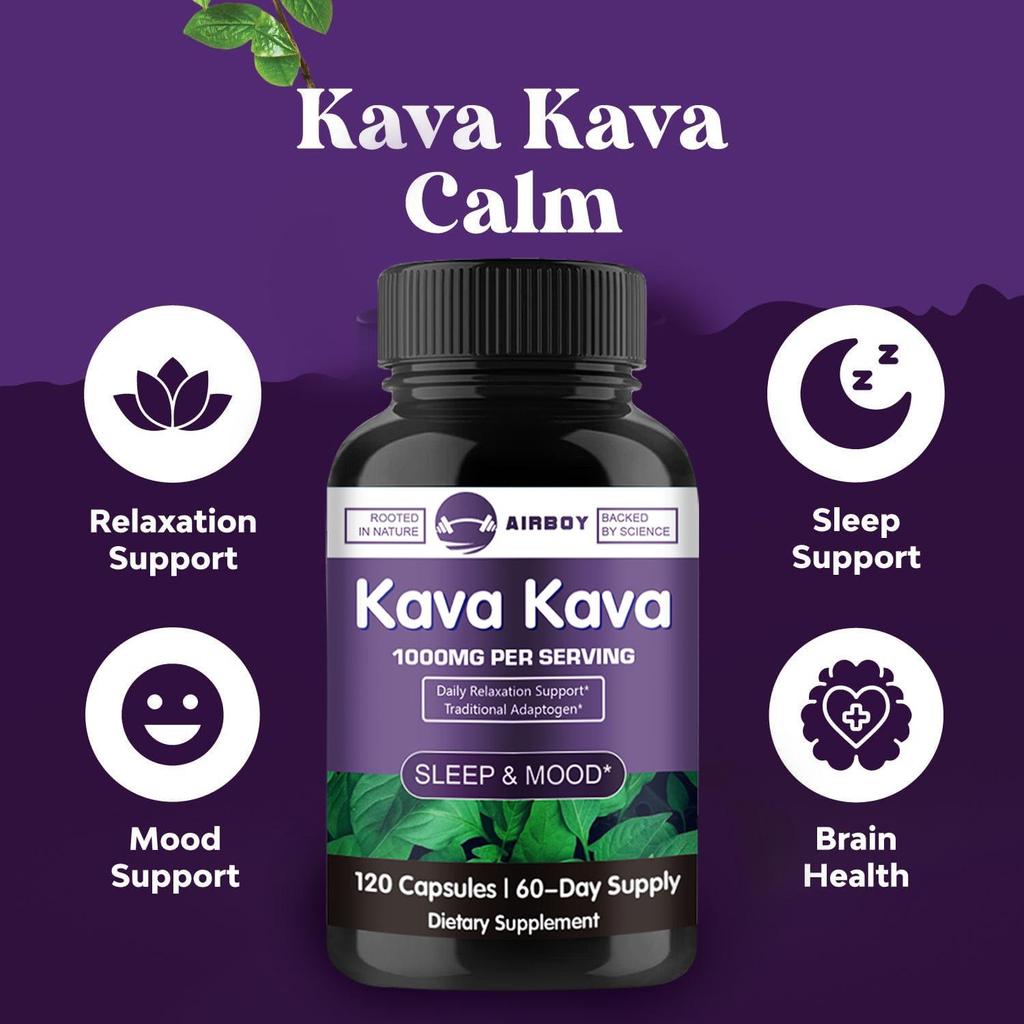 Kava root extract capsules, 1000mg high concentration of kava plant extract per serving, suitable for adults.