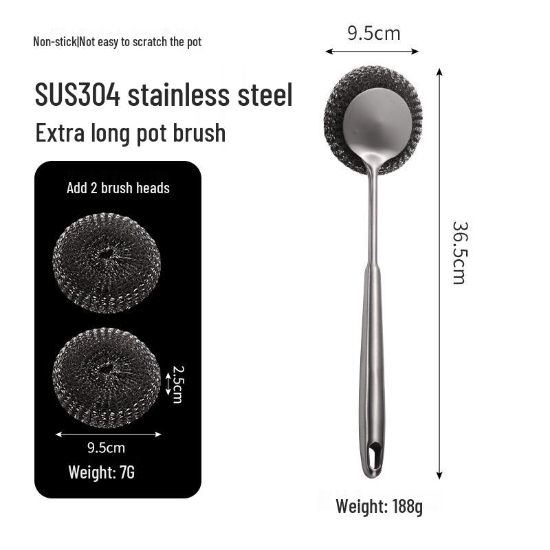 304 Stainless Steel Long Handle Pot & Grill Cleaning Brush - Gentle on Hands
