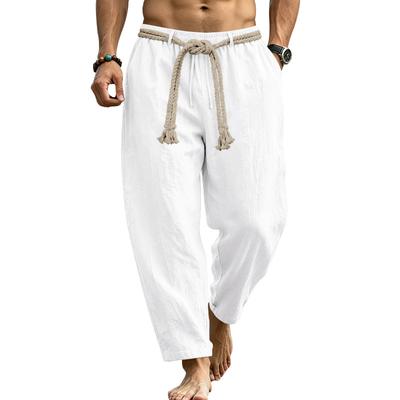 Summer Mens Solid Color Breathable Cotton Linen Pants Elastic Braided Drawstring Waist Loose Fit Wide Leg Casual Beach Long Trousers for Daily Outdoor