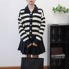 Retro contrasting color striped lapel knitted cardigan autumn and winter new design loose sweater jacket women