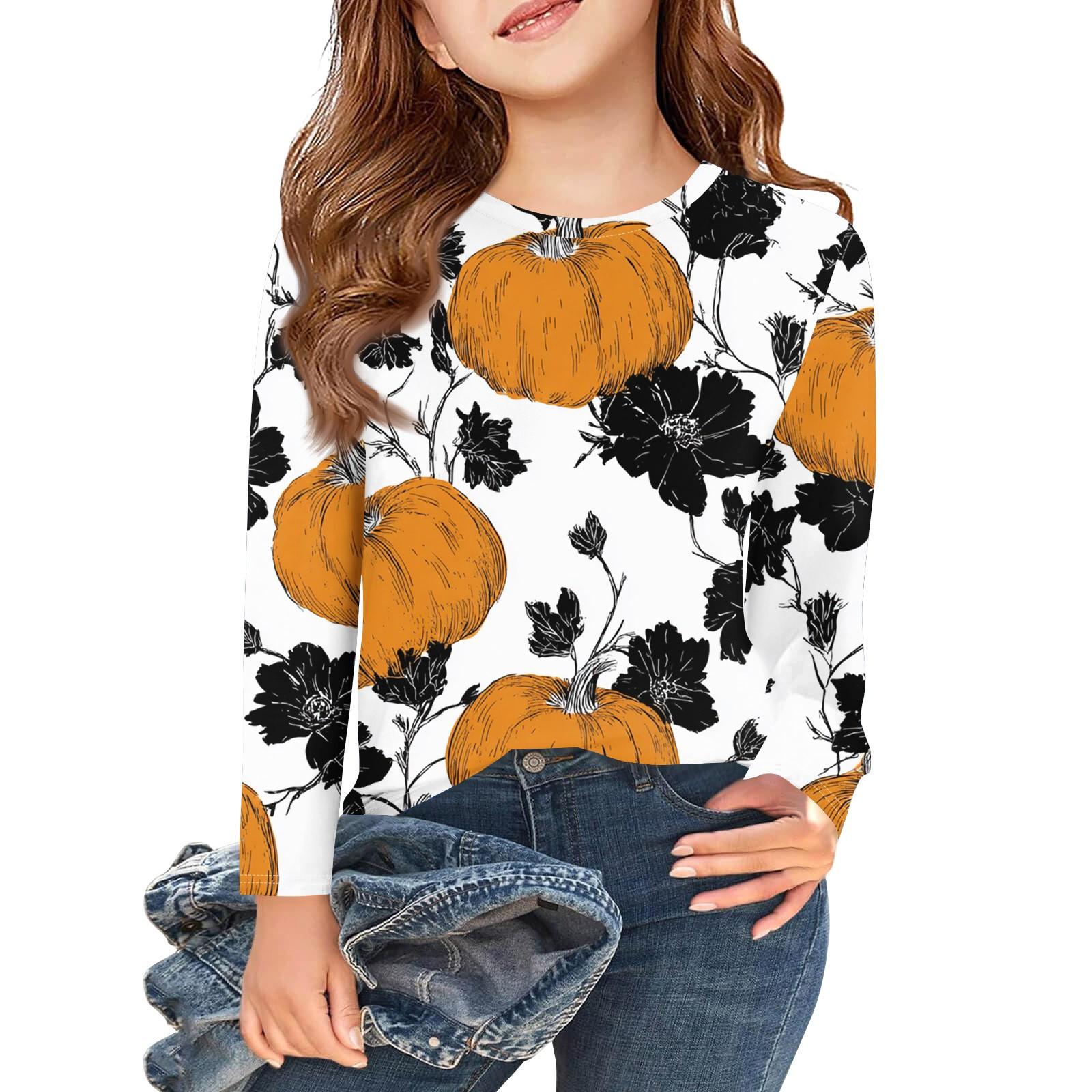 

Футболки с длинным рукавом для девочек, детские осенние топы, круглый вырез, с принтом на Хэллоуин, базовые футболки 3-9 лет 160 белый