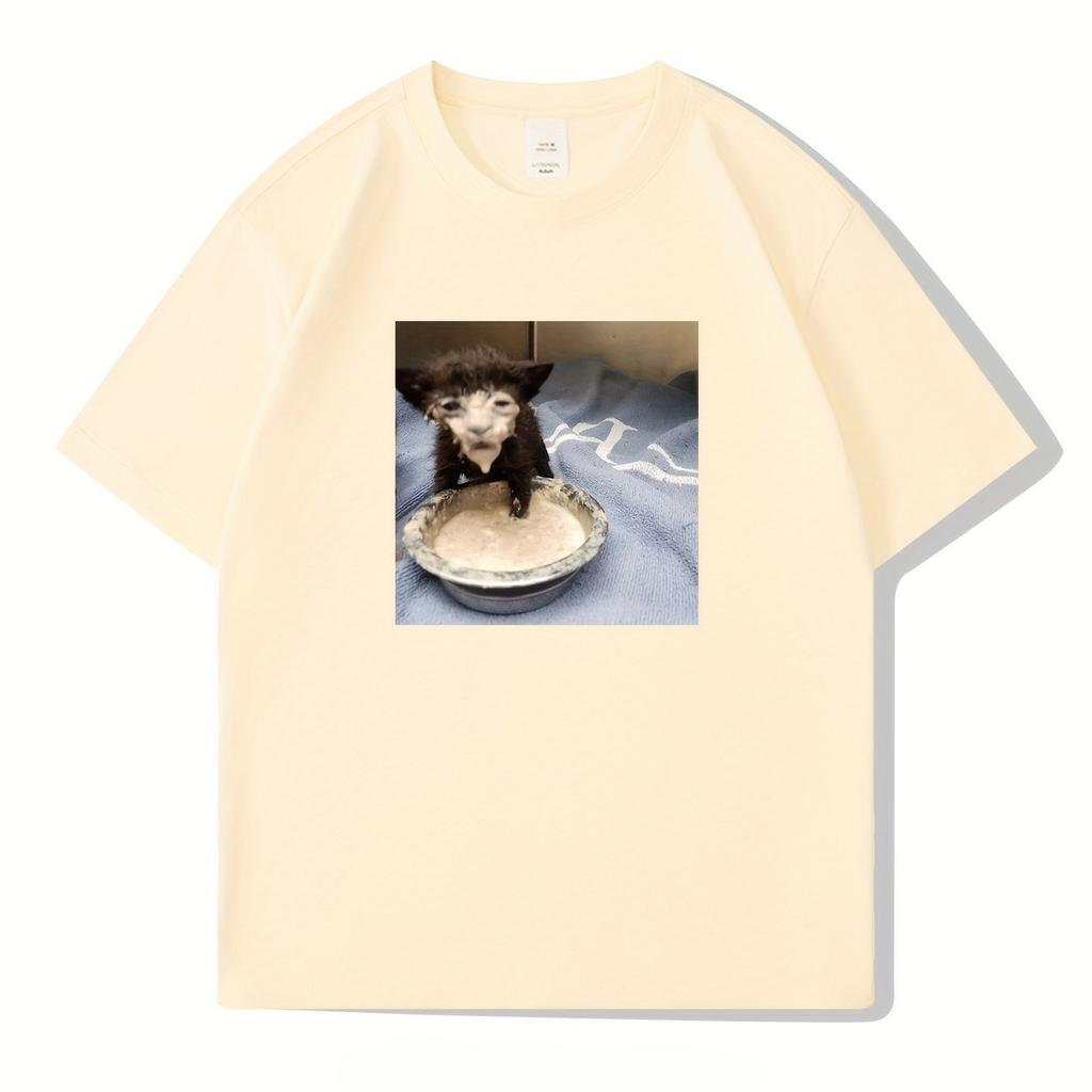 Men Cotton Casual Short Sleeve T-Shirt with Cute Kitten Ice Cream Cartoon Print Summer Round Neck Tee Machine Washable