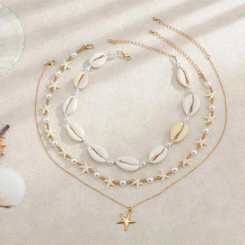 SHIXIN 3Pcs/set Bohemian Imitation Pearl Starfish Pendant Necklace Women Vintage Acrylic Bead Clavicle Chain Beach Charm Jewelry
