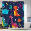 Space-themed shower curtain featuring colorful dinosaurs, perfect for a child's bathroom! Made with waterproof polyester fabric