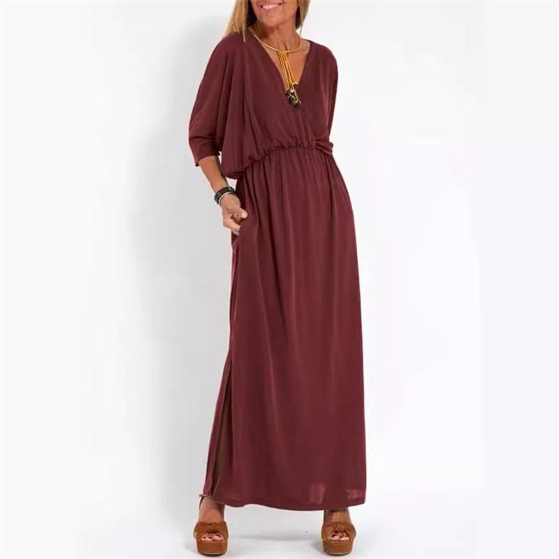 European And American Summer New Products Solid Color High-waist Split V-neck Dress Loose Casual Waist Belt Ice Silk Long Skirt
