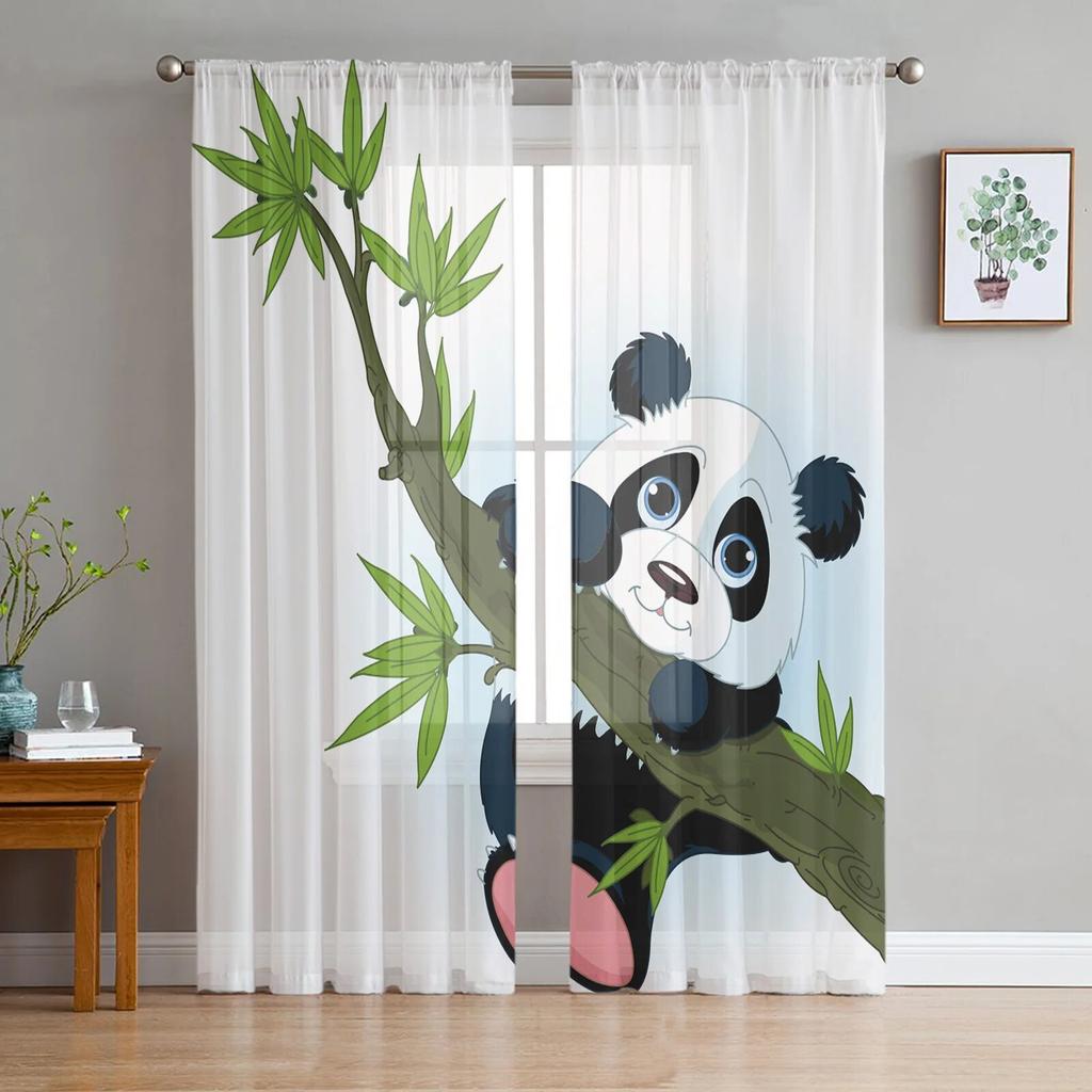 Djur Söt Panda Bambu Tecknad Tyll Fönsterbehandling Skira Gardiner för kök Vardagsrum sovrummet Gardiner Dekoration