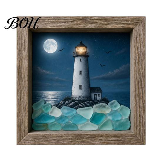 Exquisite Design Ornament Sea Glass Art Painting with LED Light, DIY Mosaic Arts and Craft Kit, Picture Frame Lamp Ocean Themed Beach Kit for