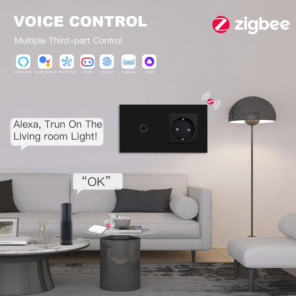 BSEED Zigbee 1Gang Light Switches 1/2/3Way Tuya Smart Life App Control Plus EU Socket USB Type-c Power Outlets Glass Panels